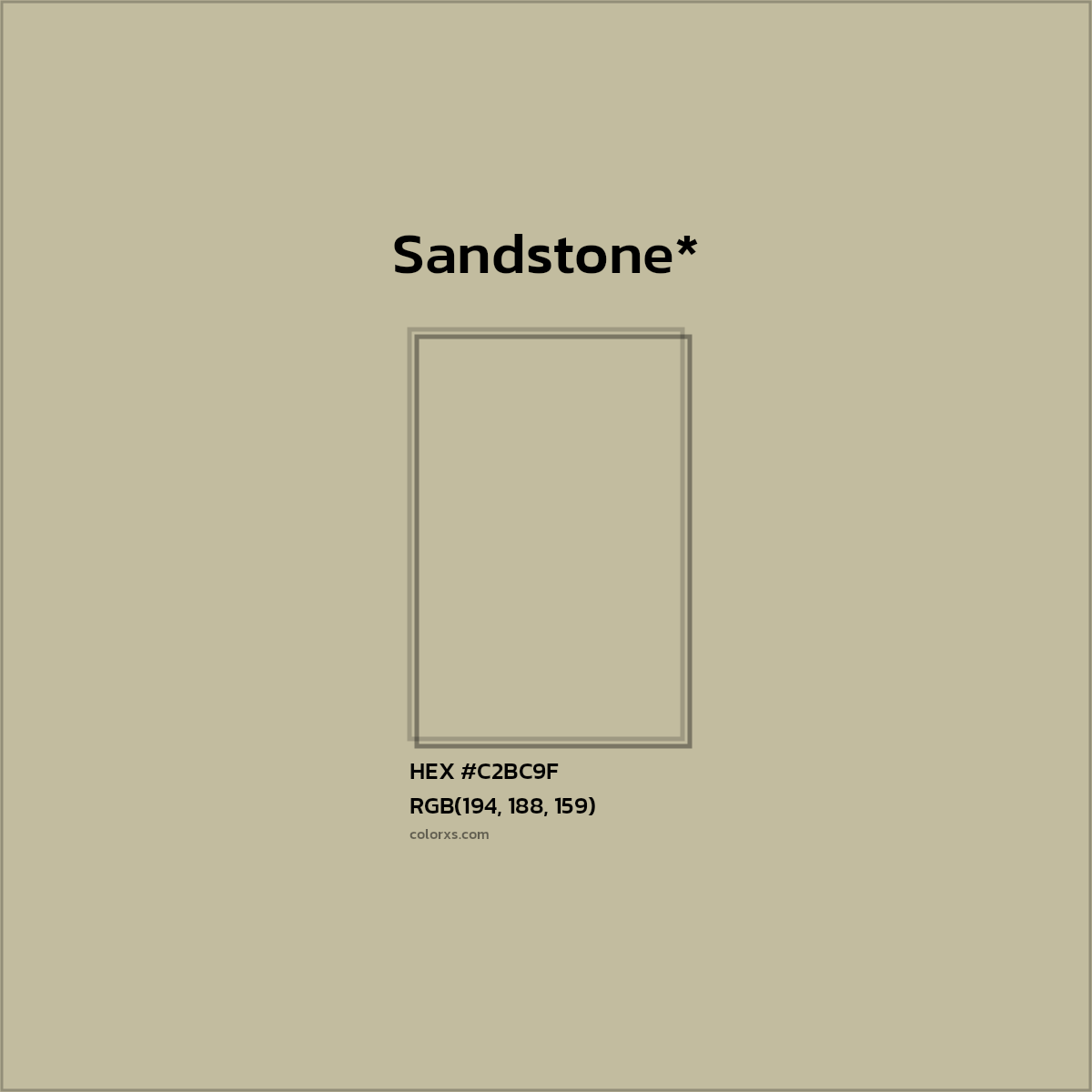 #C2BC9F hex color. RGB, RYB, CMYK, HSL, HSV codes and color conversions. Matching color names, palettes, paints.