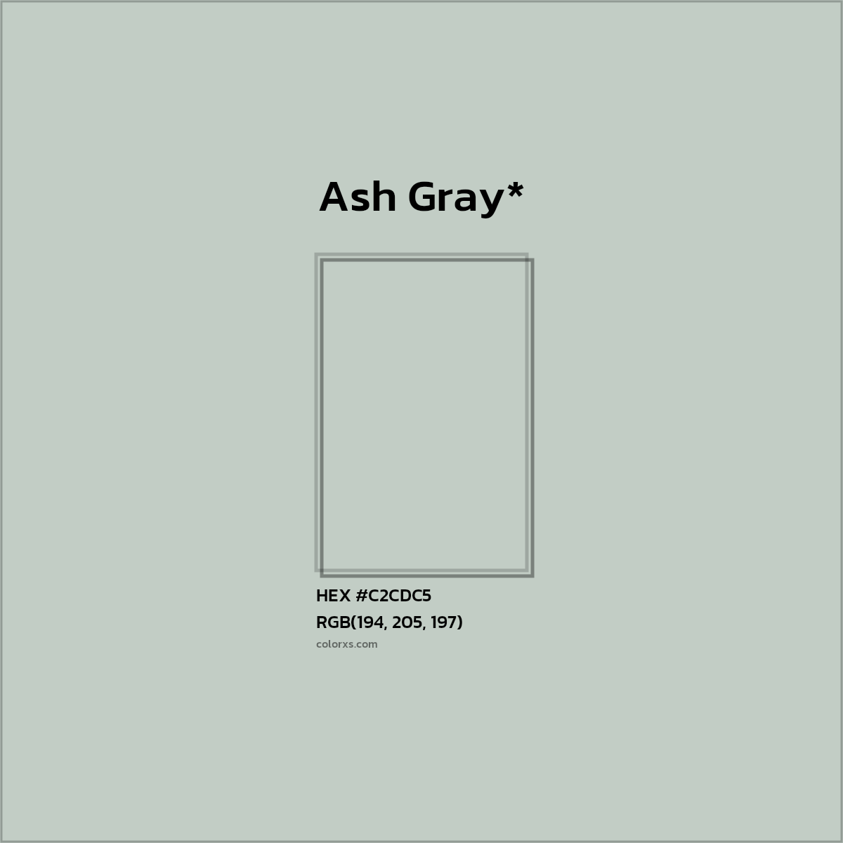 #C2CDC5 hex color. RGB, RYB, CMYK, HSL, HSV codes and color conversions. Matching color names, palettes, paints.