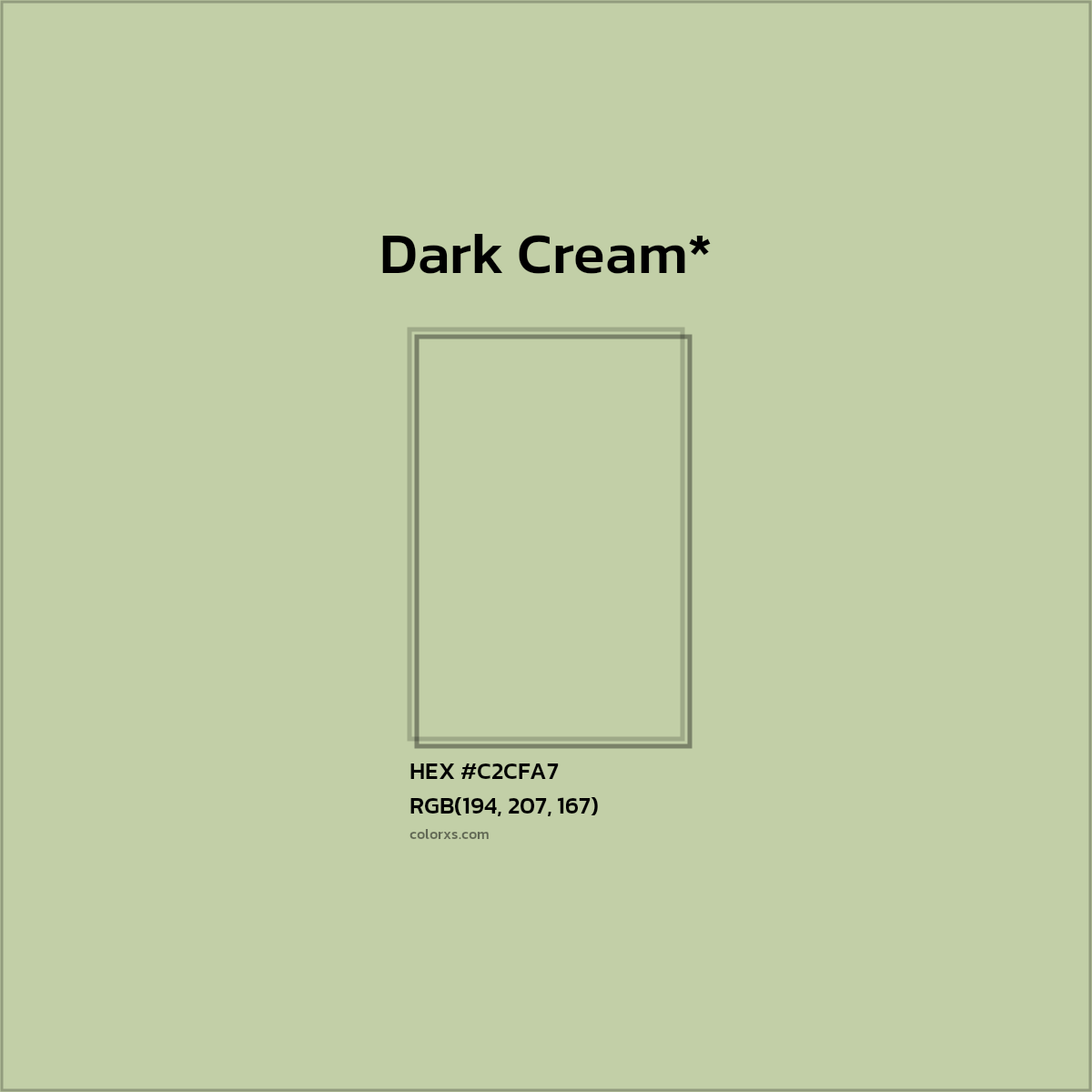 #C2CFA7 hex color. RGB, RYB, CMYK, HSL, HSV codes and color conversions. Matching color names, palettes, paints.