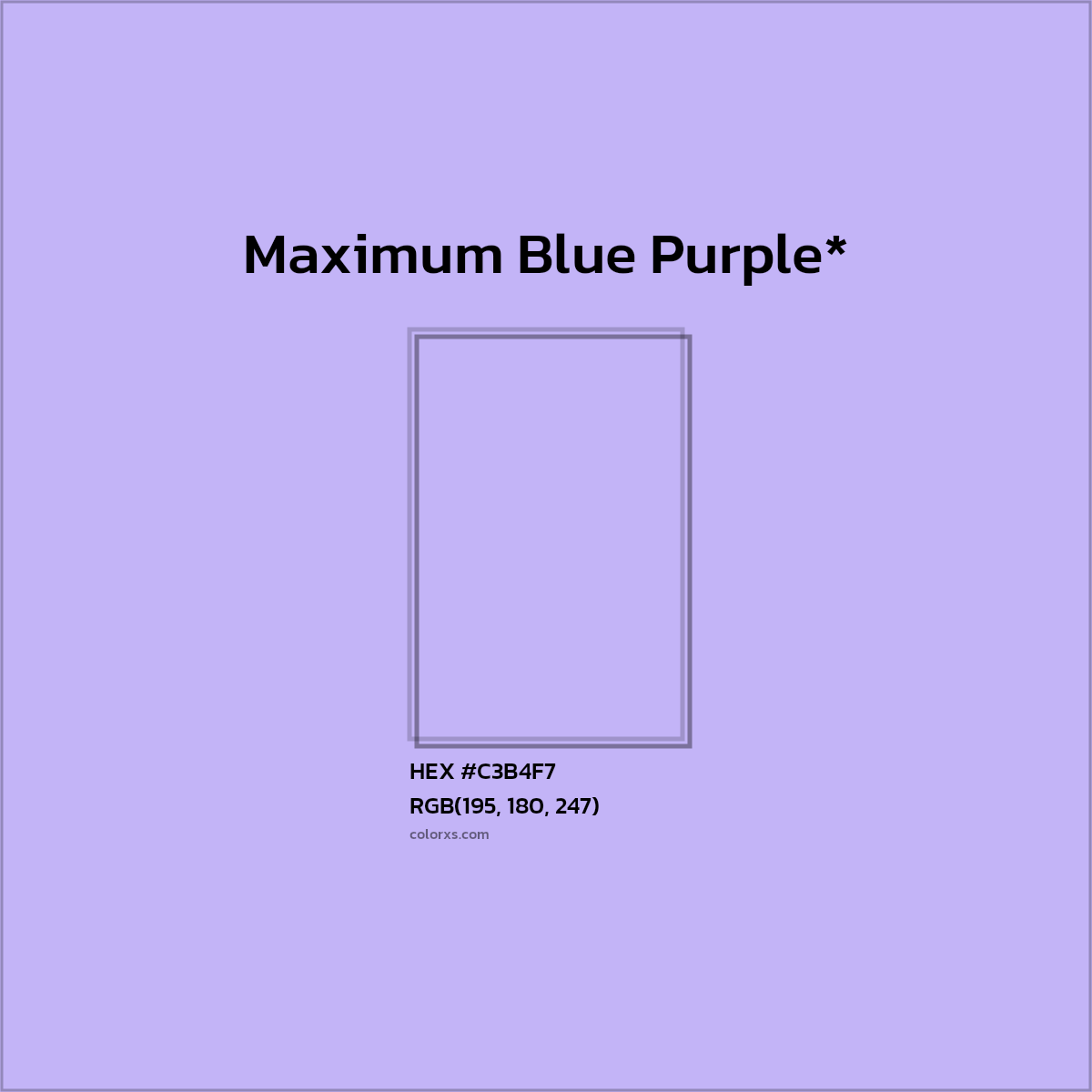 #C3B4F7 hex color. RGB, RYB, CMYK, HSL, HSV codes and color conversions. Matching color names, palettes, paints.