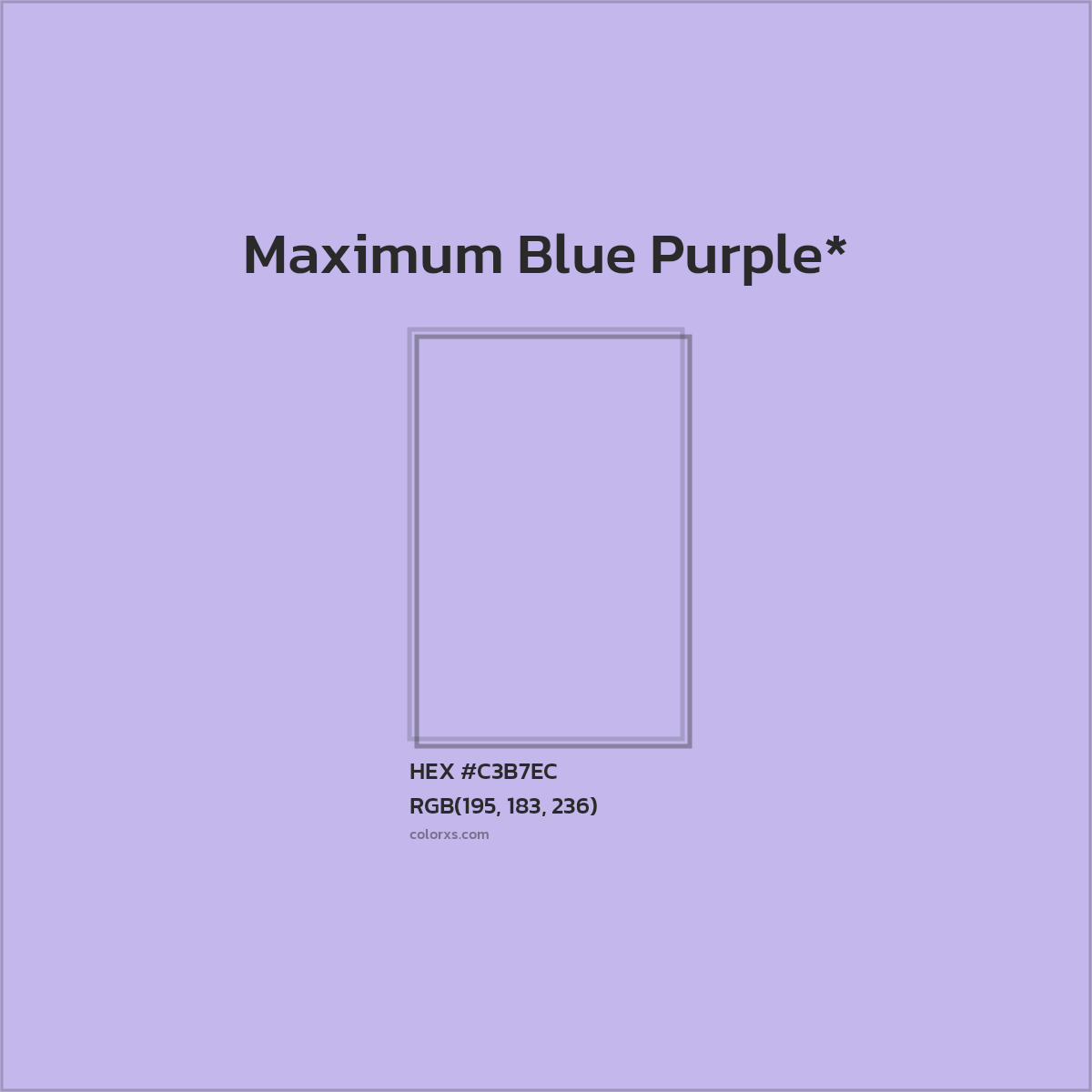 #C3B7EC hex color. RGB, RYB, CMYK, HSL, HSV codes and color conversions. Matching color names, palettes, paints.
