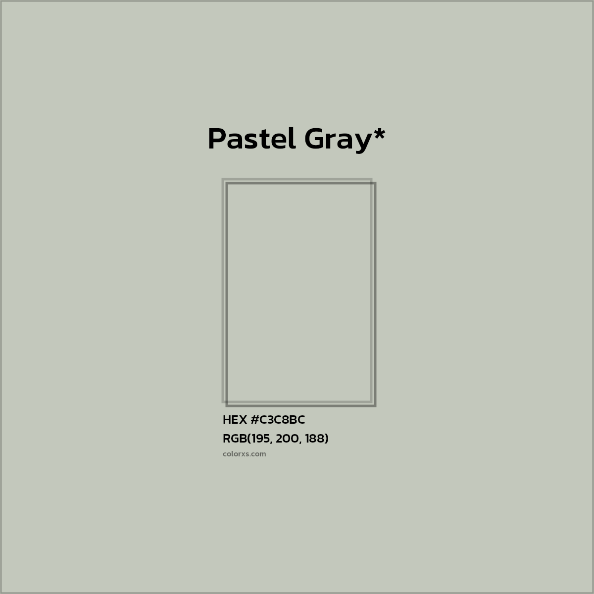 #C3C8BC hex color. RGB, RYB, CMYK, HSL, HSV codes and color conversions. Matching color names, palettes, paints.