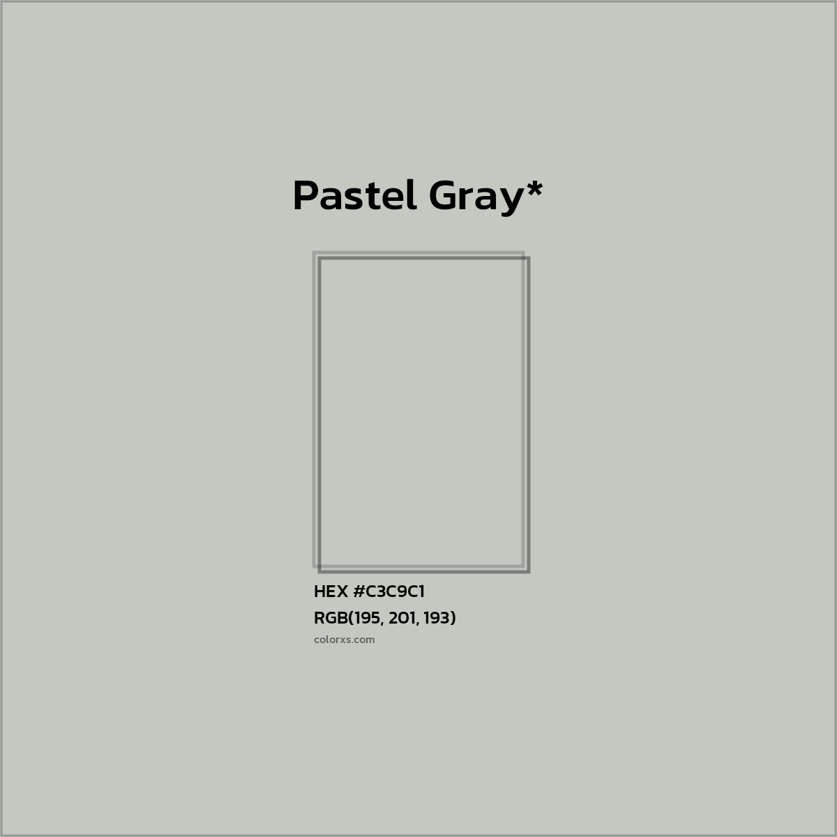 #C3C9C1 hex color. RGB, RYB, CMYK, HSL, HSV codes and color conversions. Matching color names, palettes, paints.