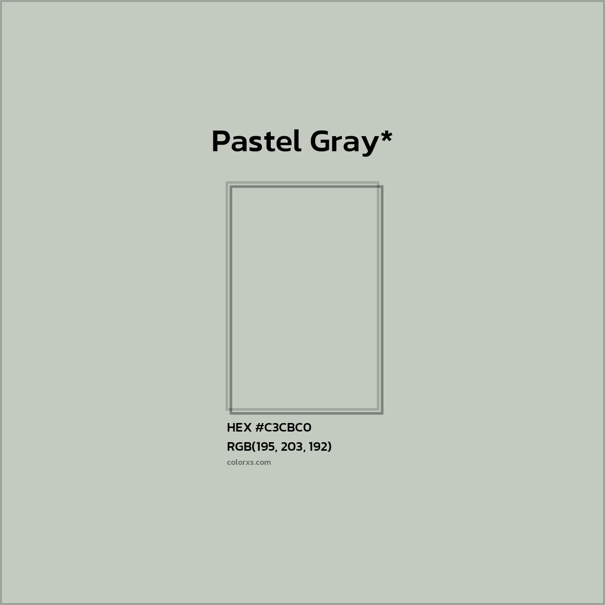 #C3CBC0 hex color. RGB, RYB, CMYK, HSL, HSV codes and color conversions. Matching color names, palettes, paints.