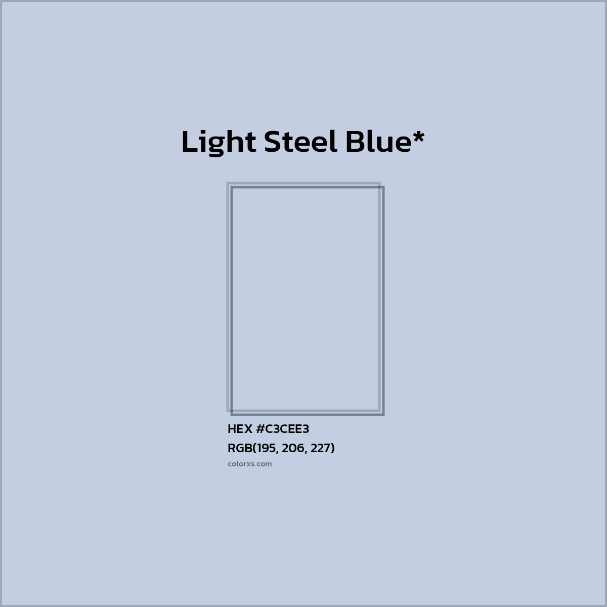 #C3CEE3 hex color. RGB, RYB, CMYK, HSL, HSV codes and color conversions. Matching color names, palettes, paints.