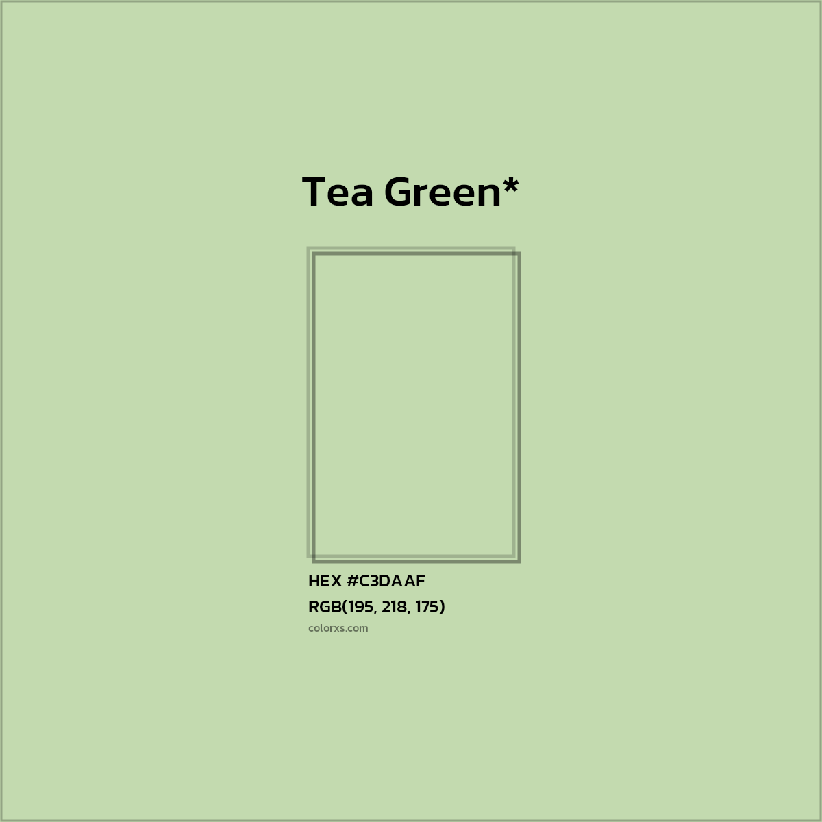 #C3DAAF hex color. RGB, RYB, CMYK, HSL, HSV codes and color conversions. Matching color names, palettes, paints.