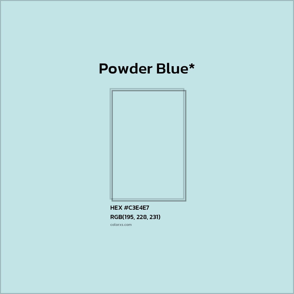 #C3E4E7 hex color. RGB, RYB, CMYK, HSL, HSV codes and color conversions. Matching color names, palettes, paints.