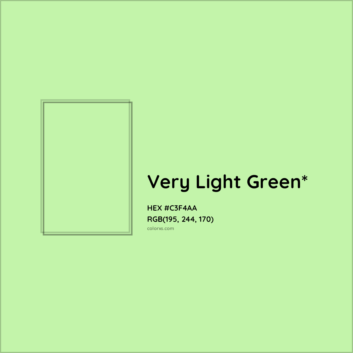 #C3F4AA hex color. RGB, RYB, CMYK, HSL, HSV codes and color conversions. Matching color names, palettes, paints.