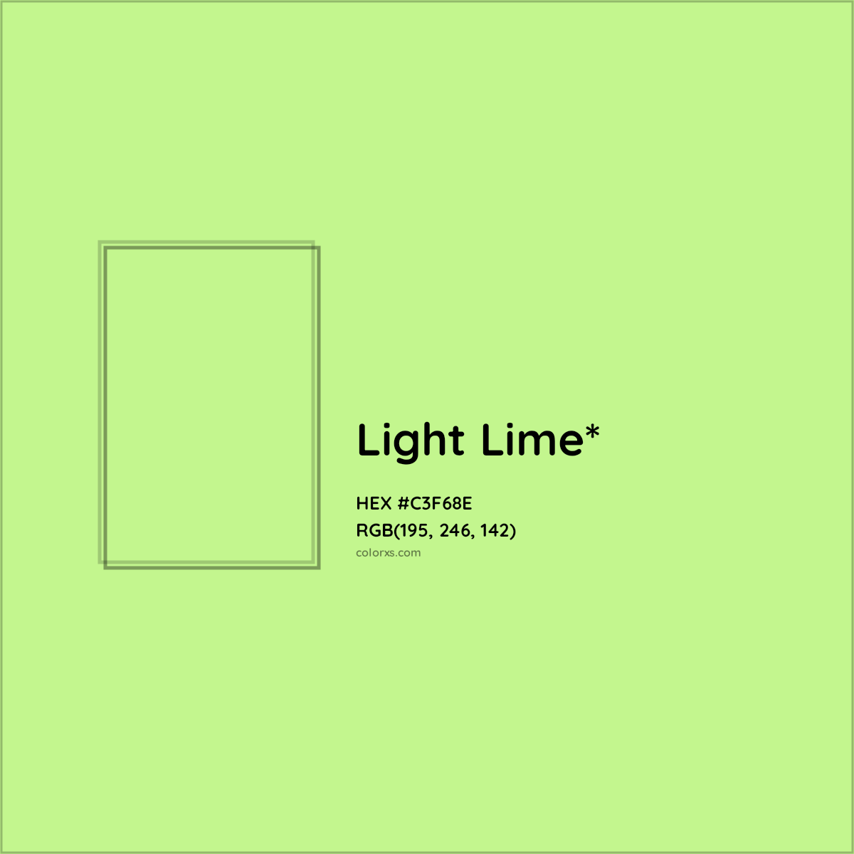#C3F68E hex color. RGB, RYB, CMYK, HSL, HSV codes and color conversions. Matching color names, palettes, paints.