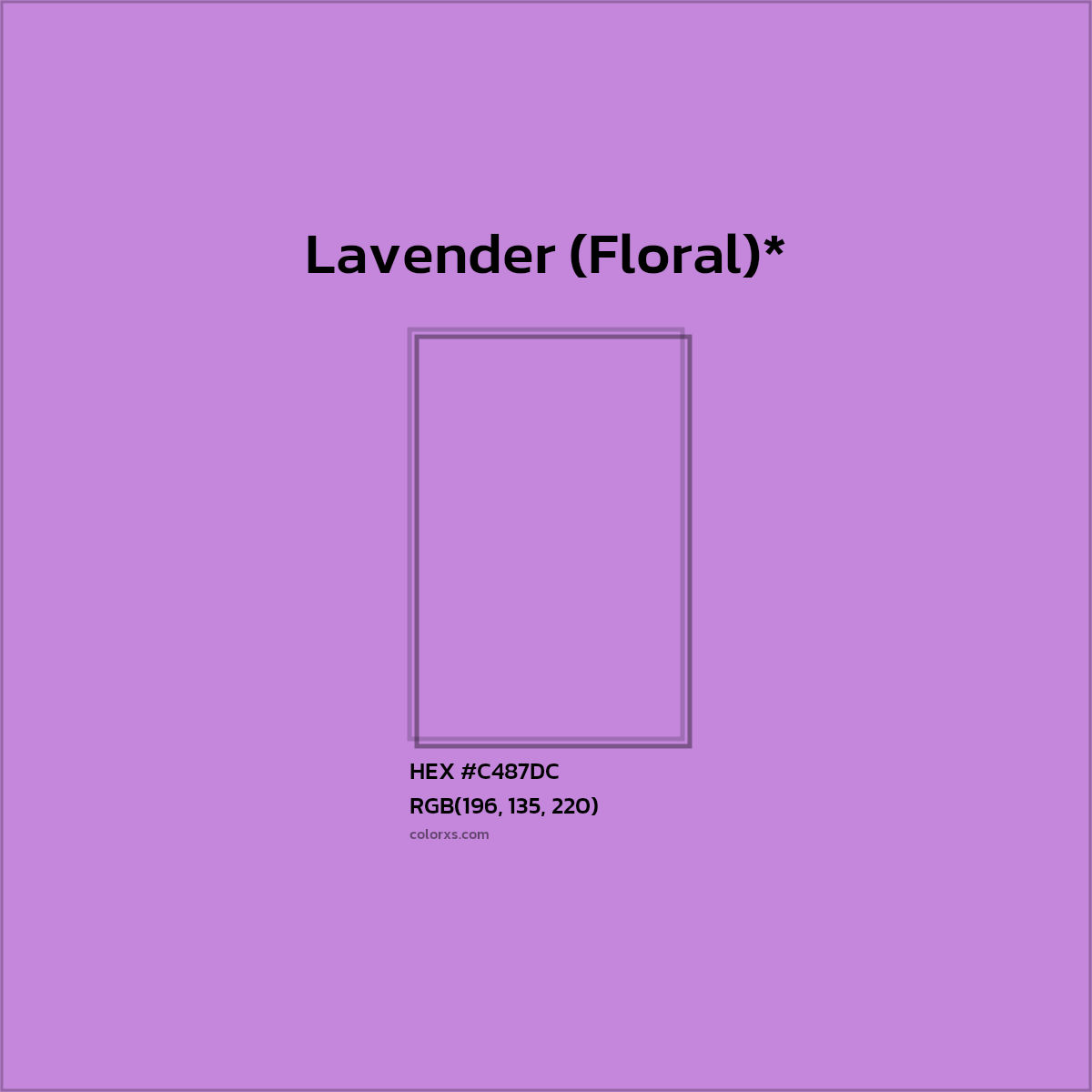#C487DC hex color. RGB, RYB, CMYK, HSL, HSV codes and color conversions. Matching color names, palettes, paints.
