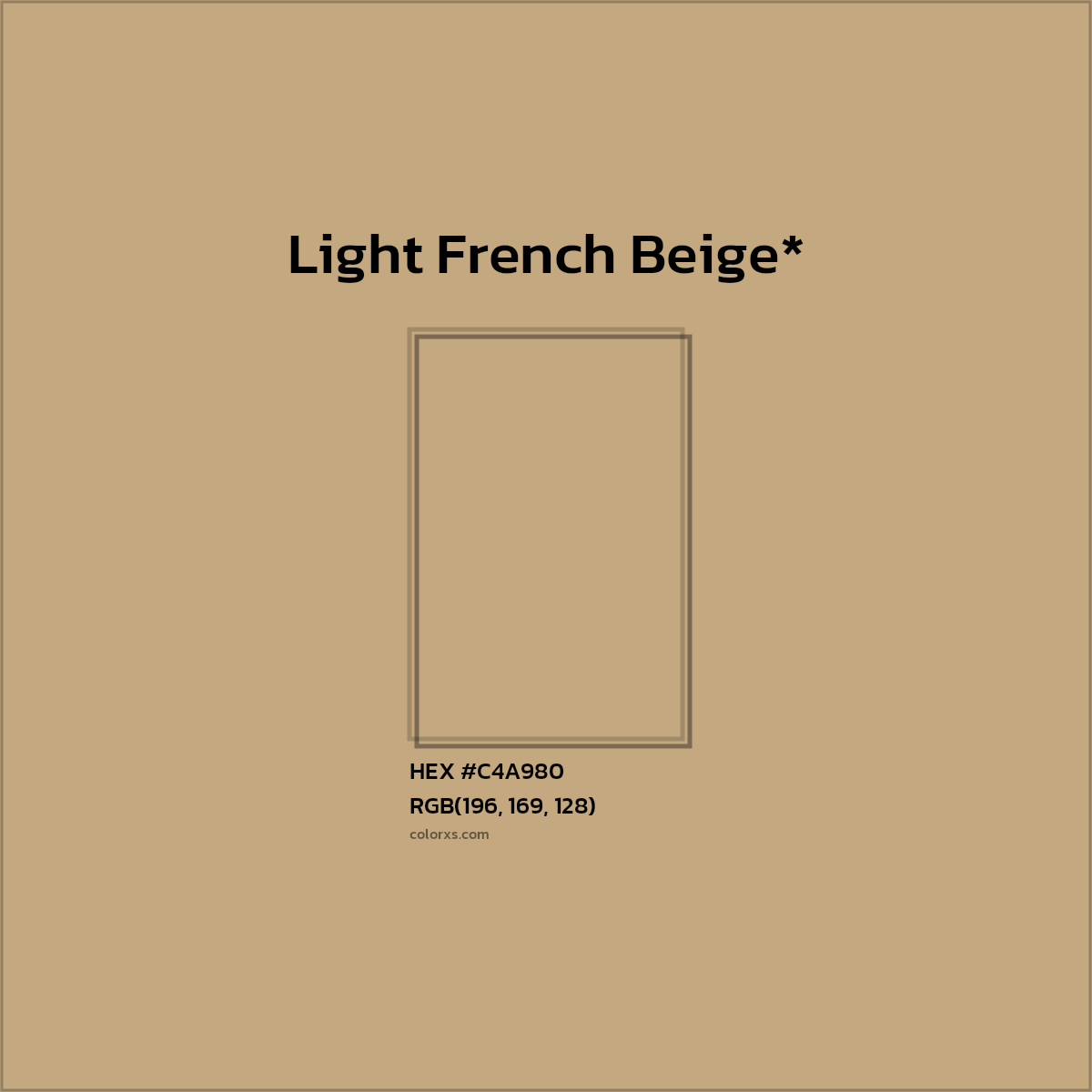 #C4A980 hex color. RGB, RYB, CMYK, HSL, HSV codes and color conversions. Matching color names, palettes, paints.