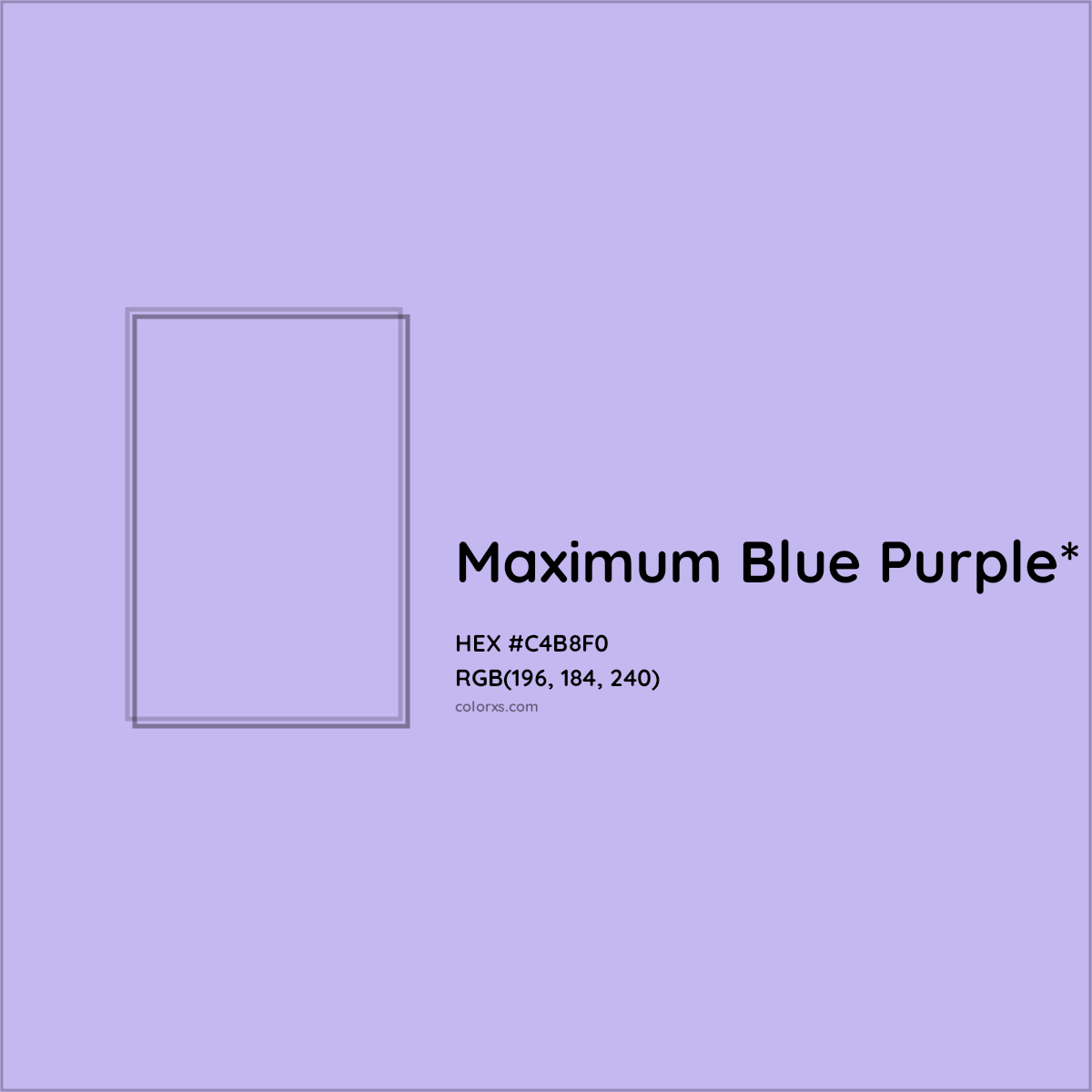 #C4B8F0 hex color. RGB, RYB, CMYK, HSL, HSV codes and color conversions. Matching color names, palettes, paints.