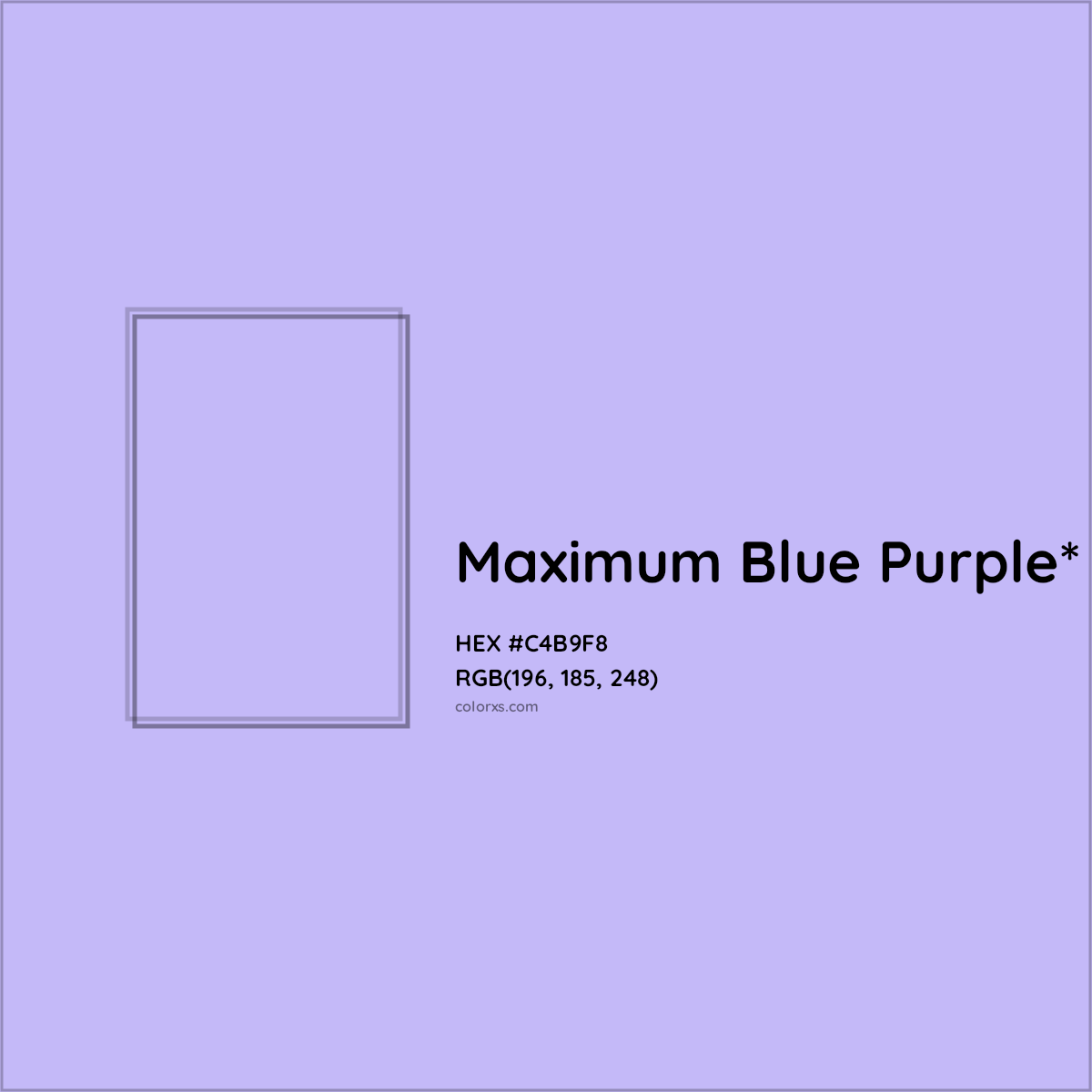 #C4B9F8 hex color. RGB, RYB, CMYK, HSL, HSV codes and color conversions. Matching color names, palettes, paints.