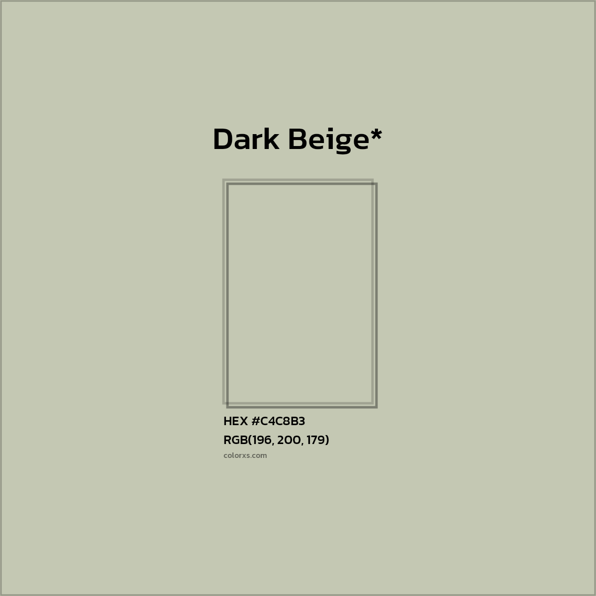 #C4C8B3 hex color. RGB, RYB, CMYK, HSL, HSV codes and color conversions. Matching color names, palettes, paints.