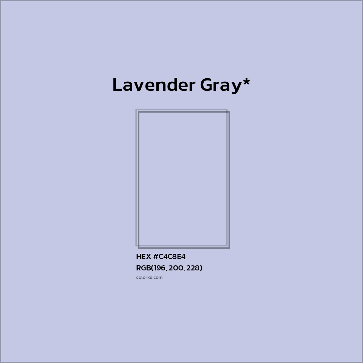 #C4C8E4 hex color. RGB, RYB, CMYK, HSL, HSV codes and color conversions. Matching color names, palettes, paints.