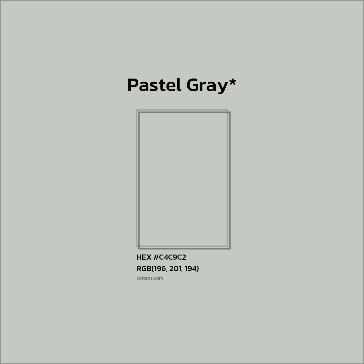 #C4C9C2 hex color. RGB, RYB, CMYK, HSL, HSV codes and color conversions. Matching color names, palettes, paints.