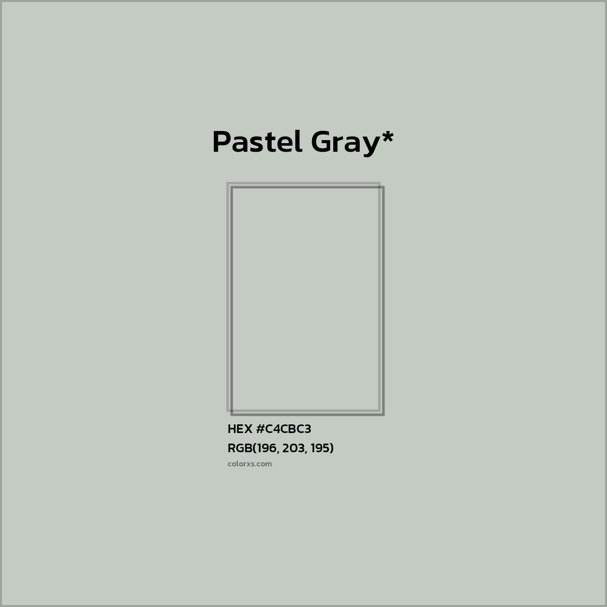 #C4CBC3 hex color. RGB, RYB, CMYK, HSL, HSV codes and color conversions. Matching color names, palettes, paints.