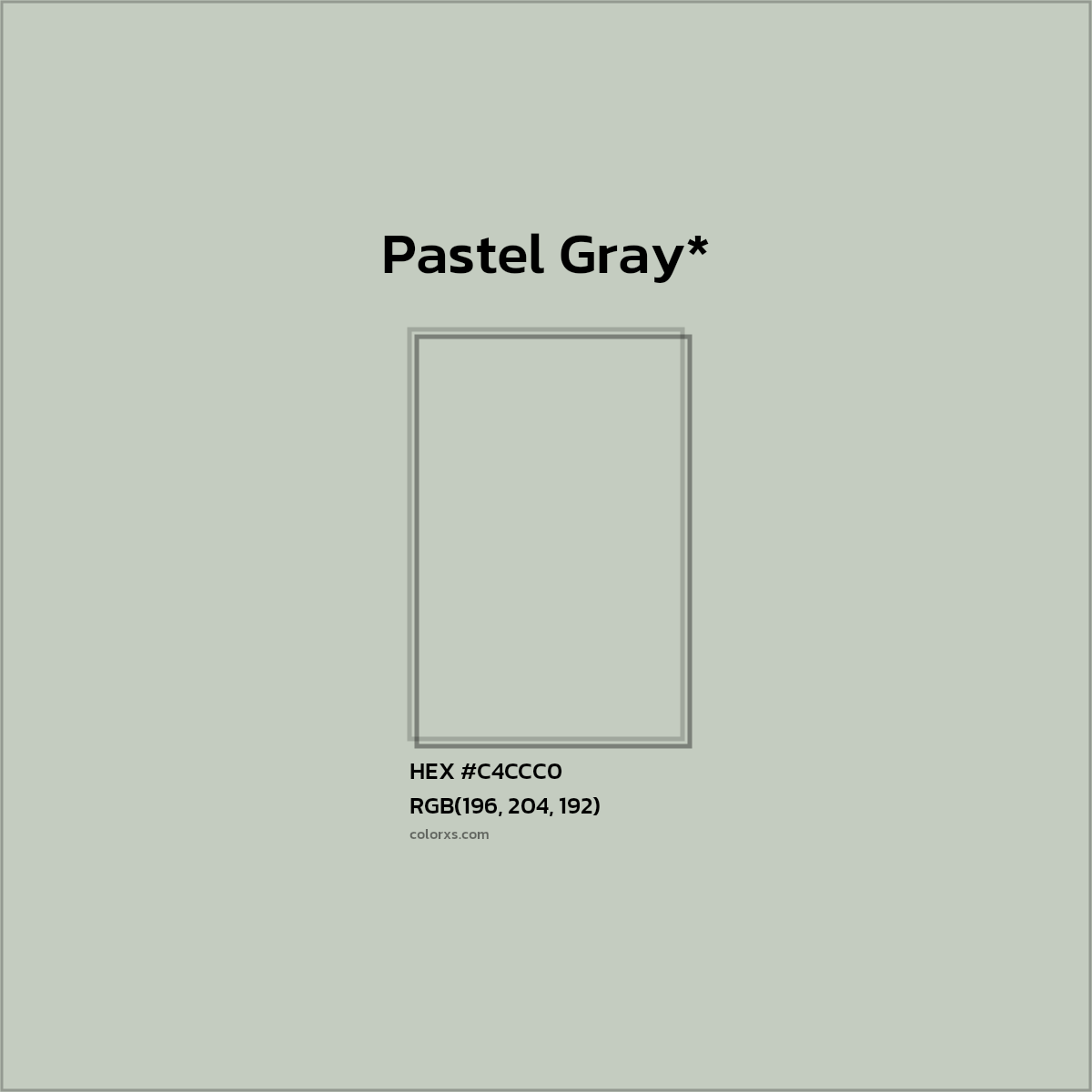 #C4CCC0 hex color. RGB, RYB, CMYK, HSL, HSV codes and color conversions. Matching color names, palettes, paints.