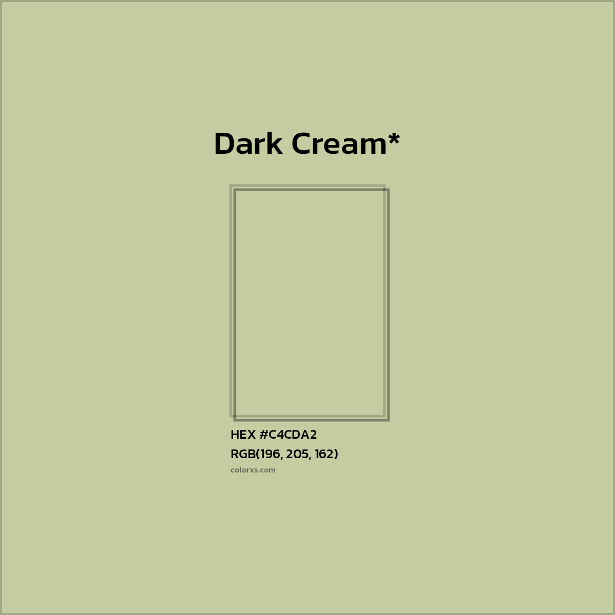 #C4CDA2 hex color. RGB, RYB, CMYK, HSL, HSV codes and color conversions. Matching color names, palettes, paints.