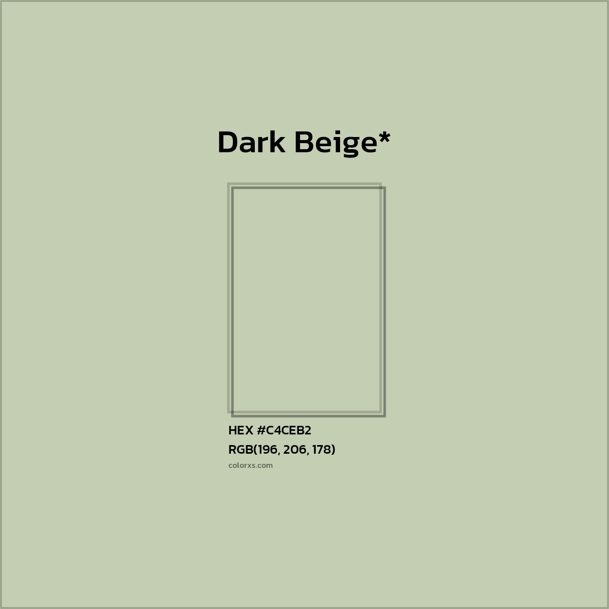 #C4CEB2 hex color. RGB, RYB, CMYK, HSL, HSV codes and color conversions. Matching color names, palettes, paints.