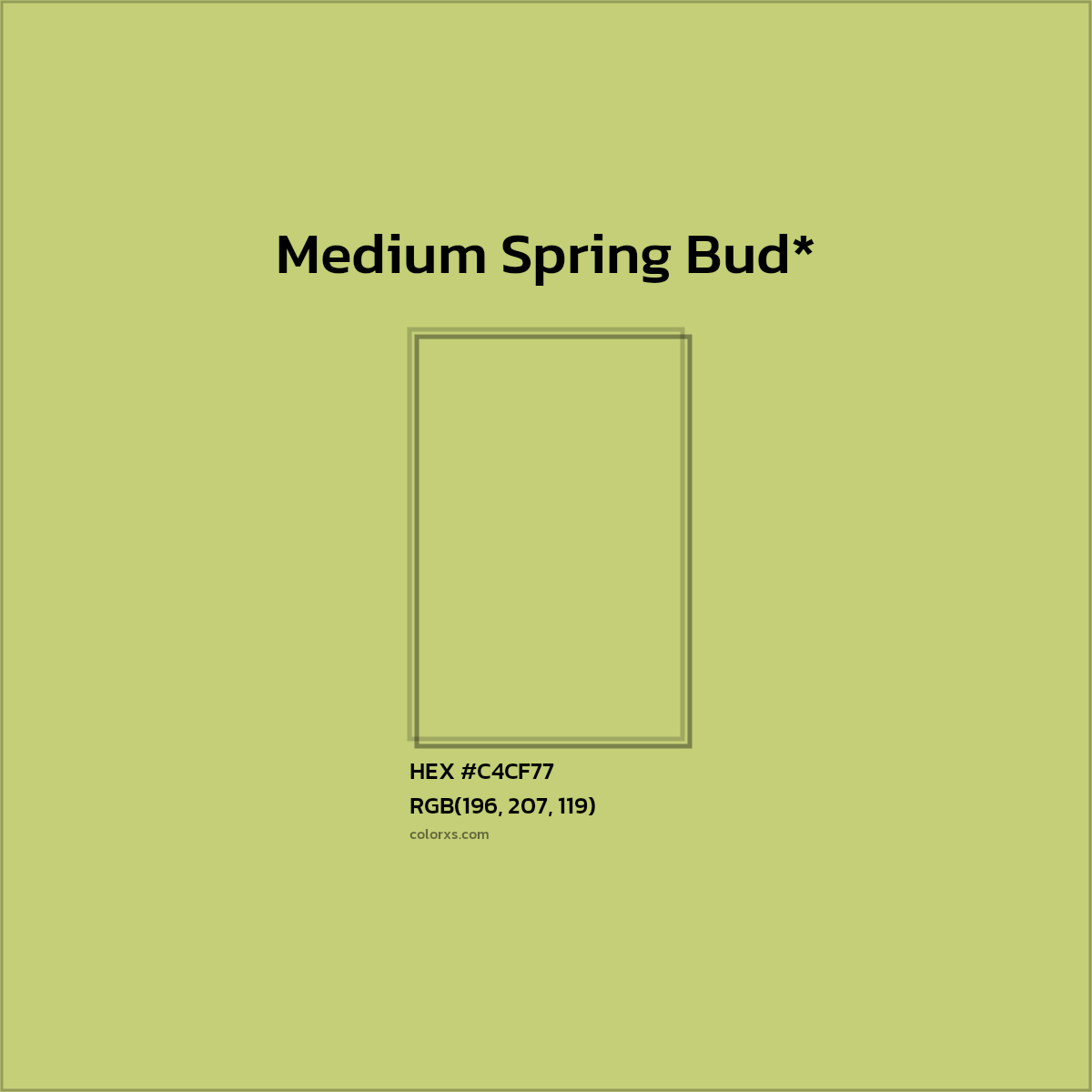 #C4CF77 hex color. RGB, RYB, CMYK, HSL, HSV codes and color conversions. Matching color names, palettes, paints.