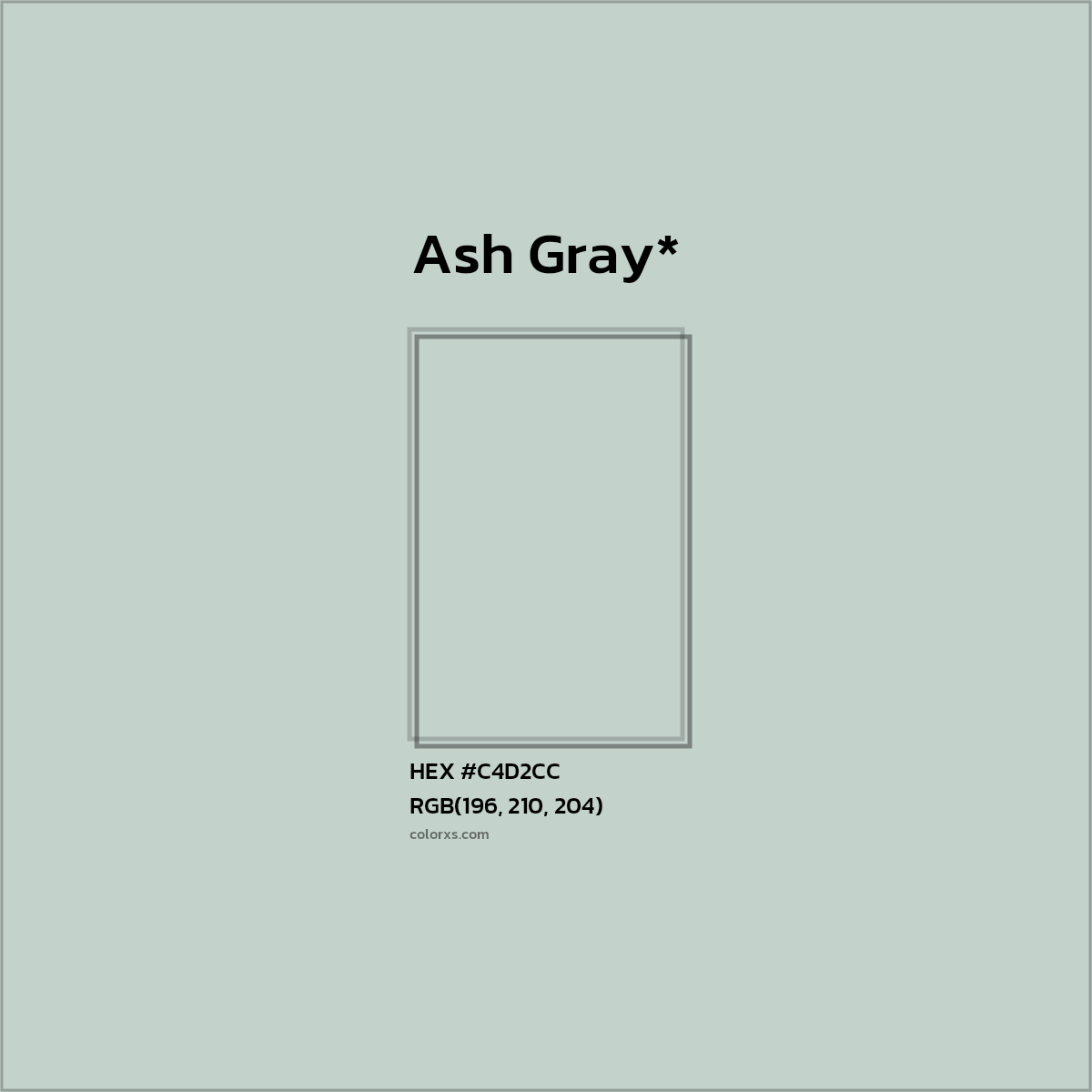 #C4D2CC hex color. RGB, RYB, CMYK, HSL, HSV codes and color conversions. Matching color names, palettes, paints.