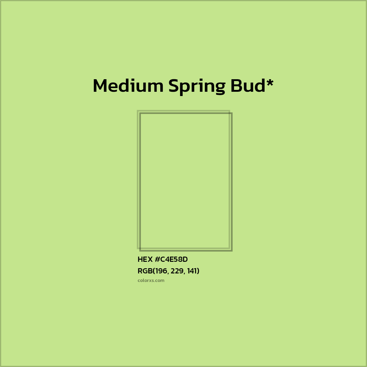 #C4E58D hex color. RGB, RYB, CMYK, HSL, HSV codes and color conversions. Matching color names, palettes, paints.