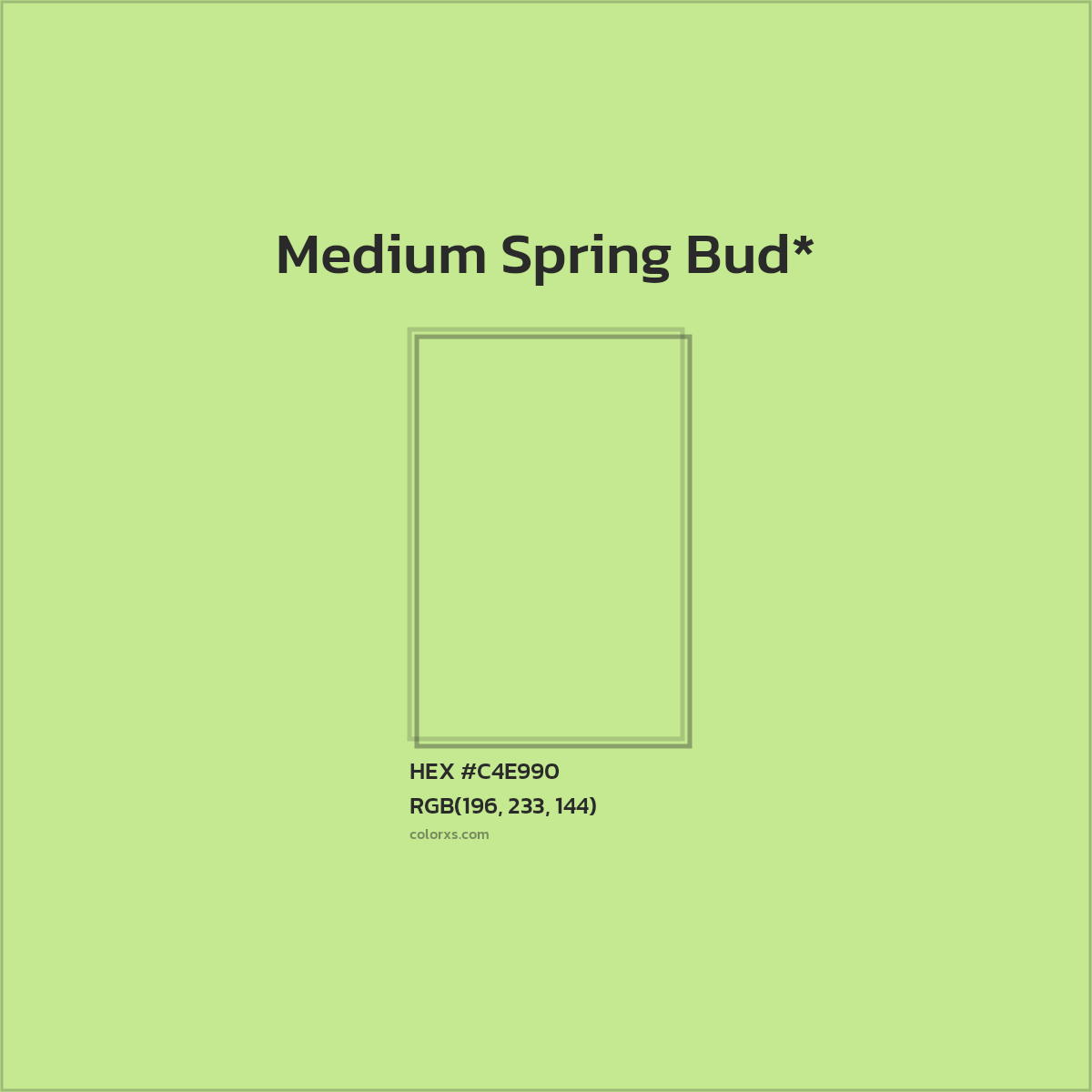 #C4E990 hex color. RGB, RYB, CMYK, HSL, HSV codes and color conversions. Matching color names, palettes, paints.