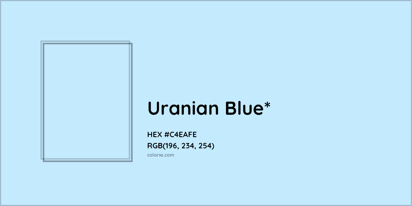 #C4EAFE hex color. RGB, RYB, CMYK, HSL, HSV codes and color conversions. Matching color names, palettes, paints.