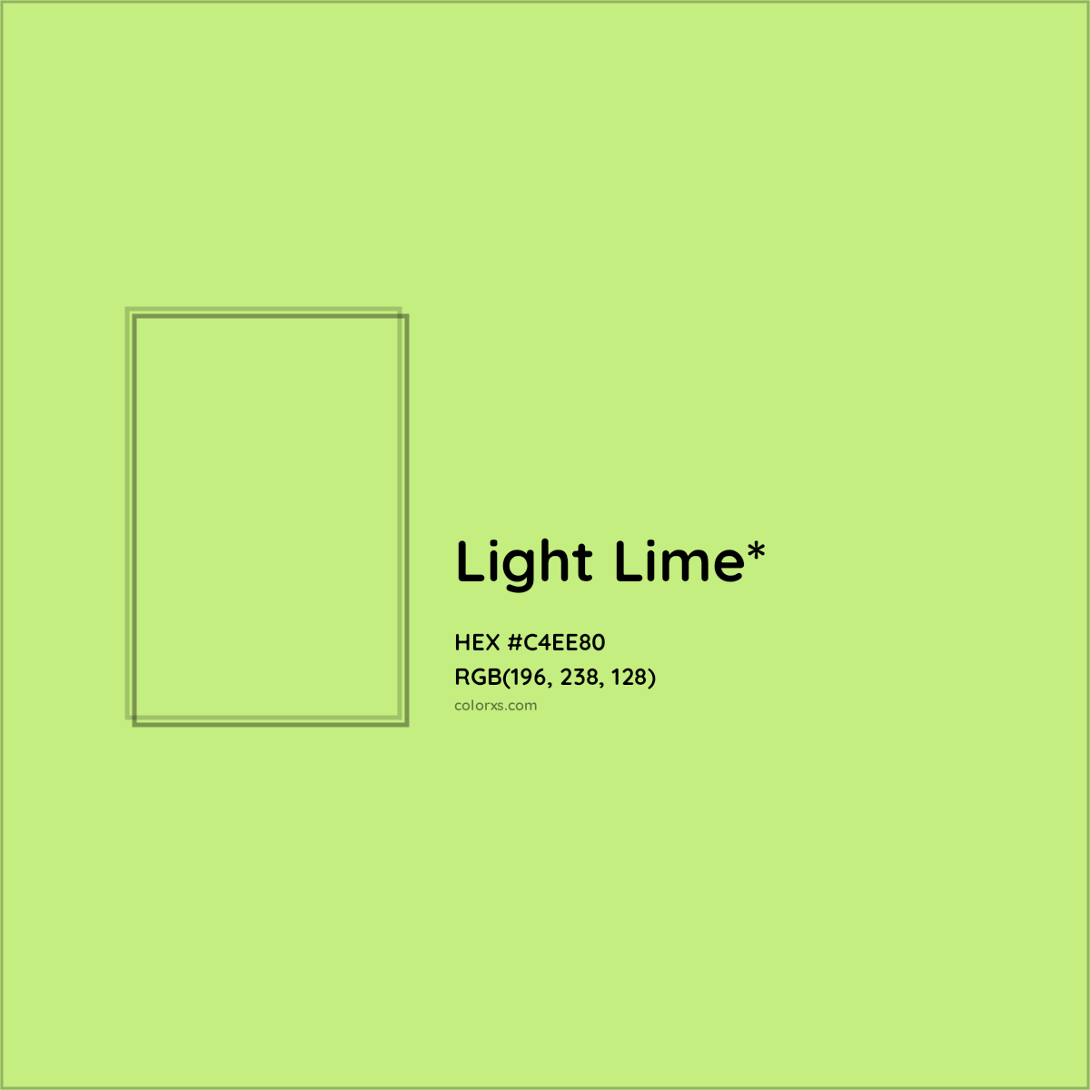 #C4EE80 hex color. RGB, RYB, CMYK, HSL, HSV codes and color conversions. Matching color names, palettes, paints.