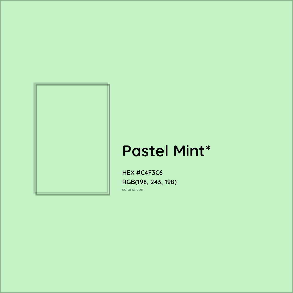 #C4F3C6 hex color. RGB, RYB, CMYK, HSL, HSV codes and color conversions. Matching color names, palettes, paints.
