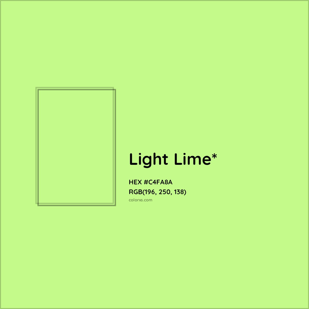 #C4FA8A hex color. RGB, RYB, CMYK, HSL, HSV codes and color conversions. Matching color names, palettes, paints.