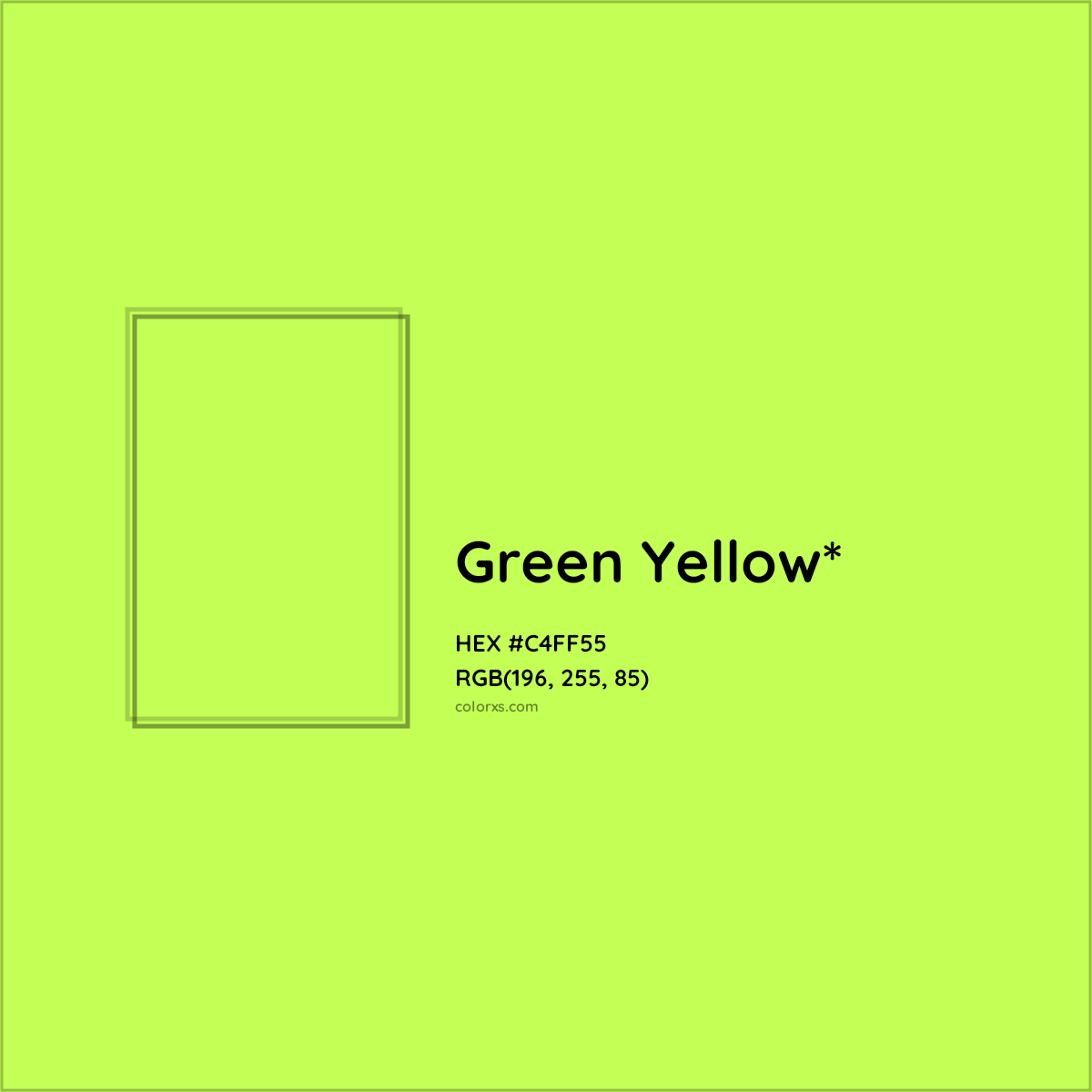 #C4FF55 hex color. RGB, RYB, CMYK, HSL, HSV codes and color conversions. Matching color names, palettes, paints.