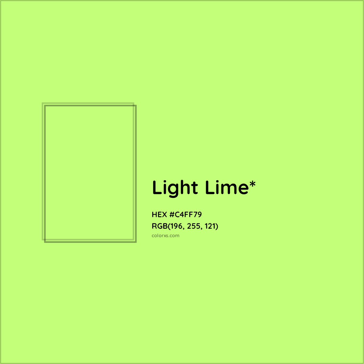 #C4FF79 hex color. RGB, RYB, CMYK, HSL, HSV codes and color conversions. Matching color names, palettes, paints.