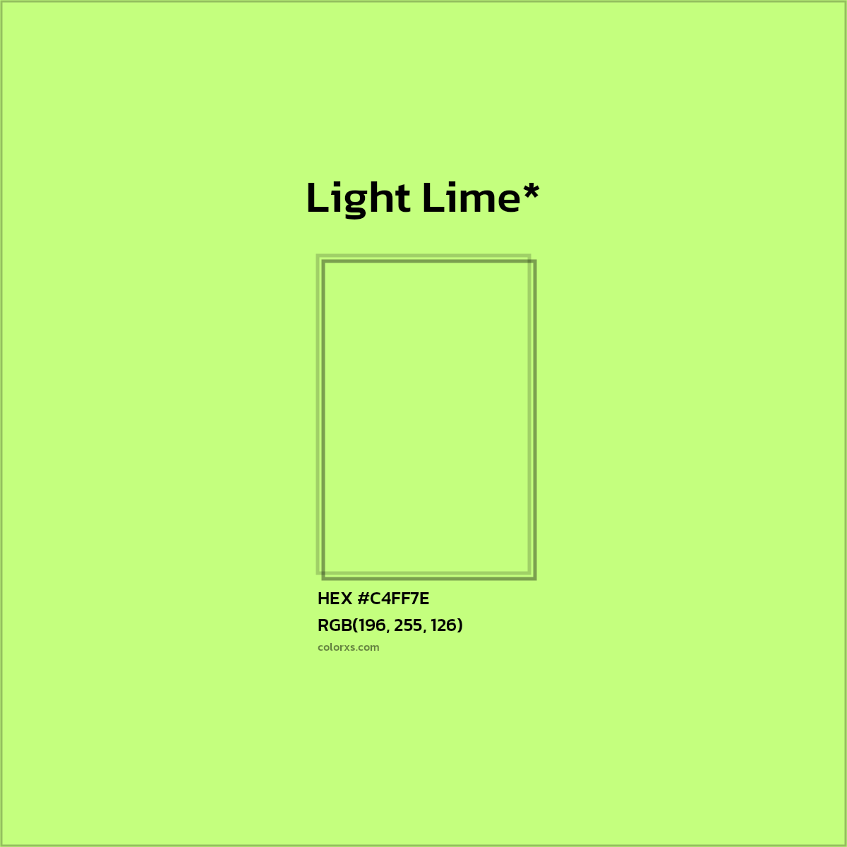 #C4FF7E hex color. RGB, RYB, CMYK, HSL, HSV codes and color conversions. Matching color names, palettes, paints.