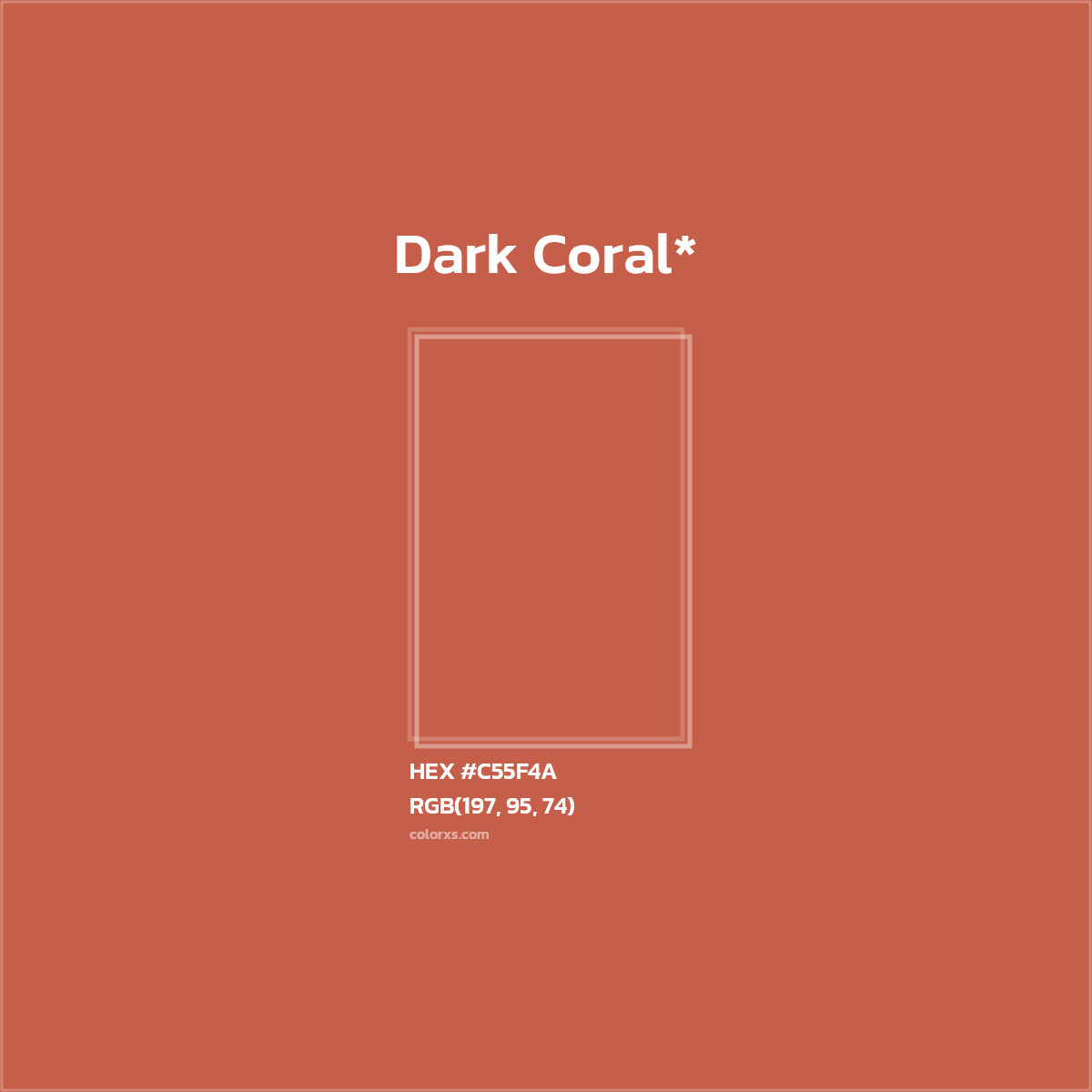 #C55F4A hex color. RGB, RYB, CMYK, HSL, HSV codes and color conversions. Matching color names, palettes, paints.