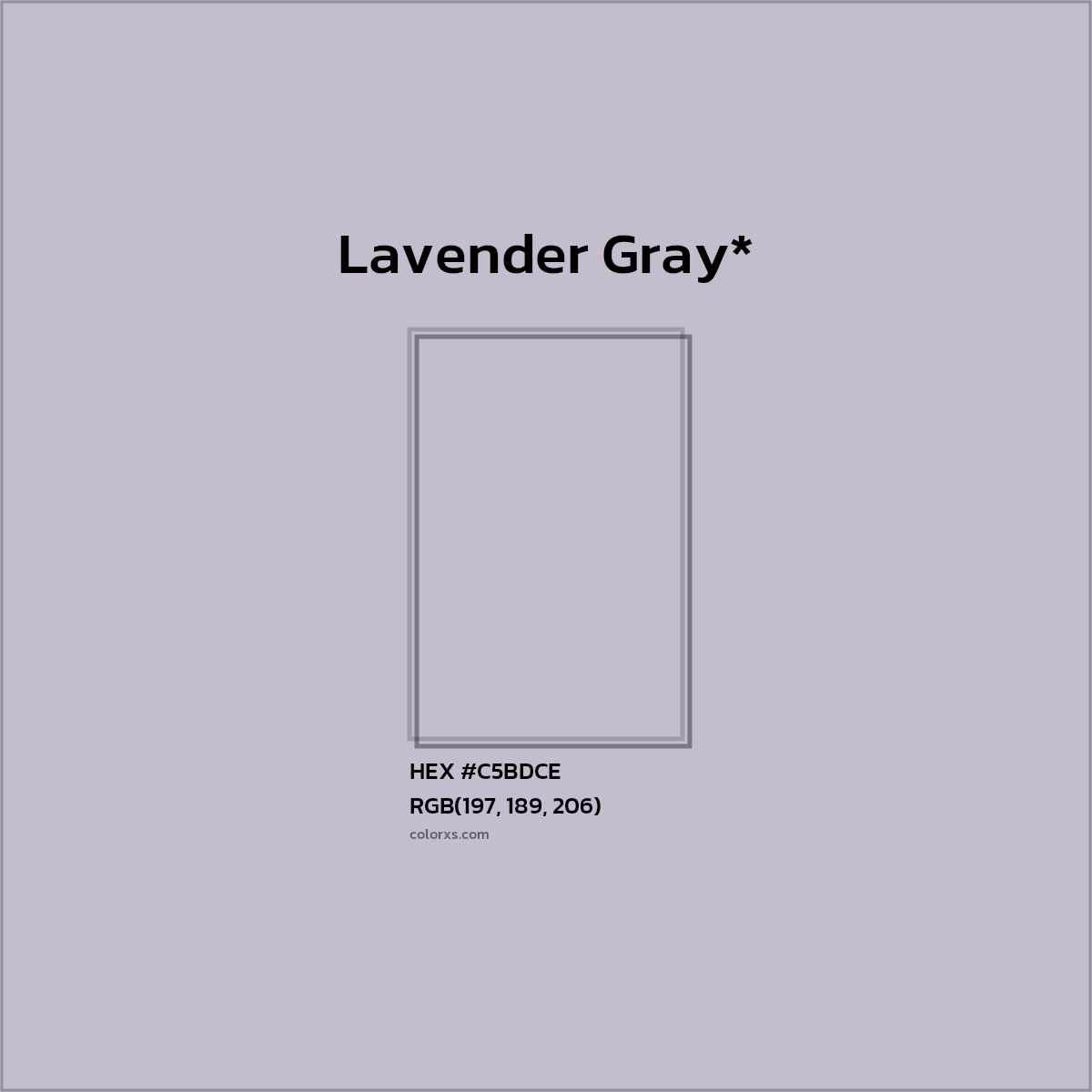 #C5BDCE hex color. RGB, RYB, CMYK, HSL, HSV codes and color conversions. Matching color names, palettes, paints.