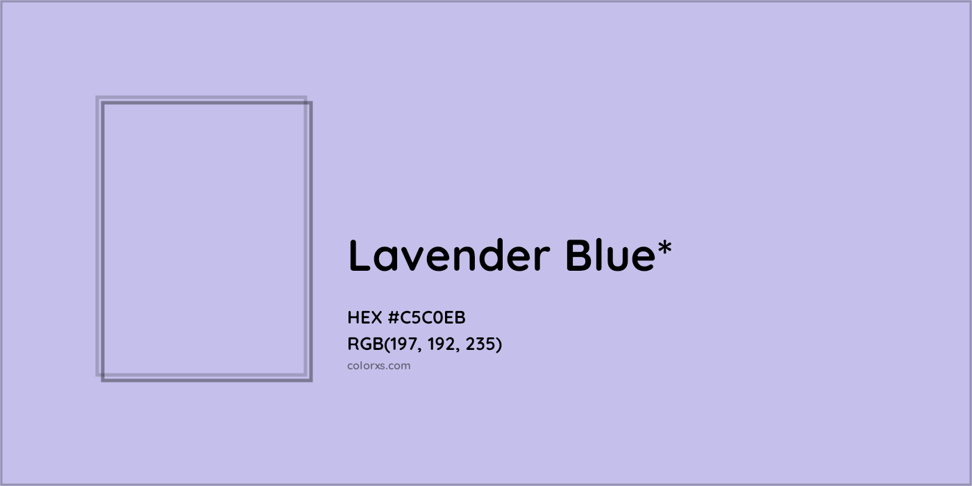 #C5C0EB hex color. RGB, RYB, CMYK, HSL, HSV codes and color conversions. Matching color names, palettes, paints.