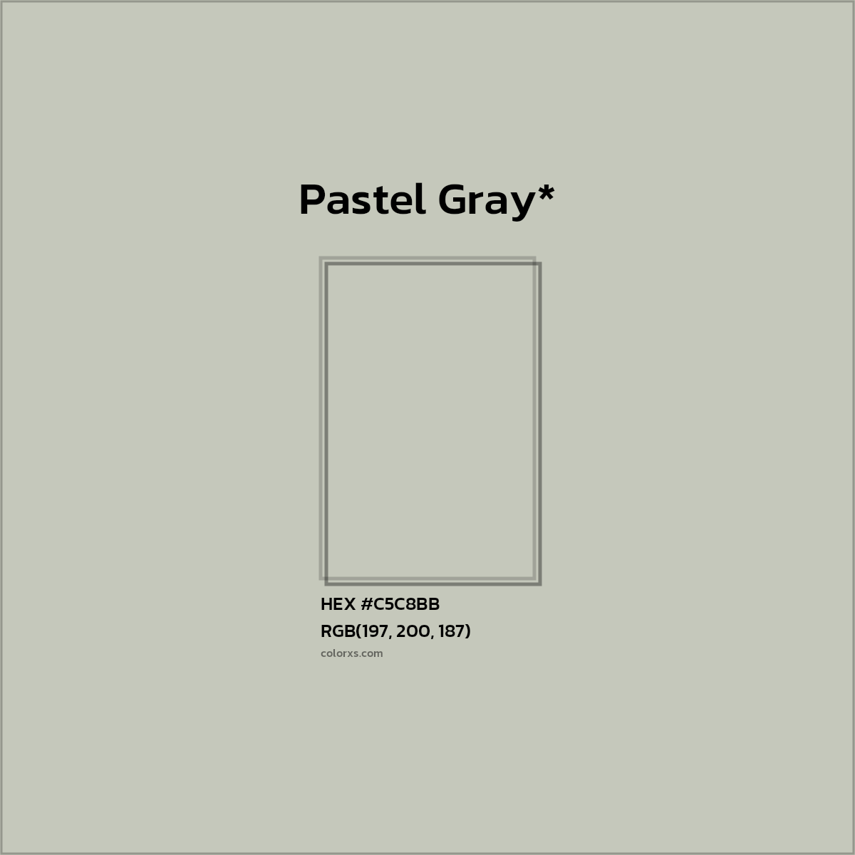 #C5C8BB hex color. RGB, RYB, CMYK, HSL, HSV codes and color conversions. Matching color names, palettes, paints.