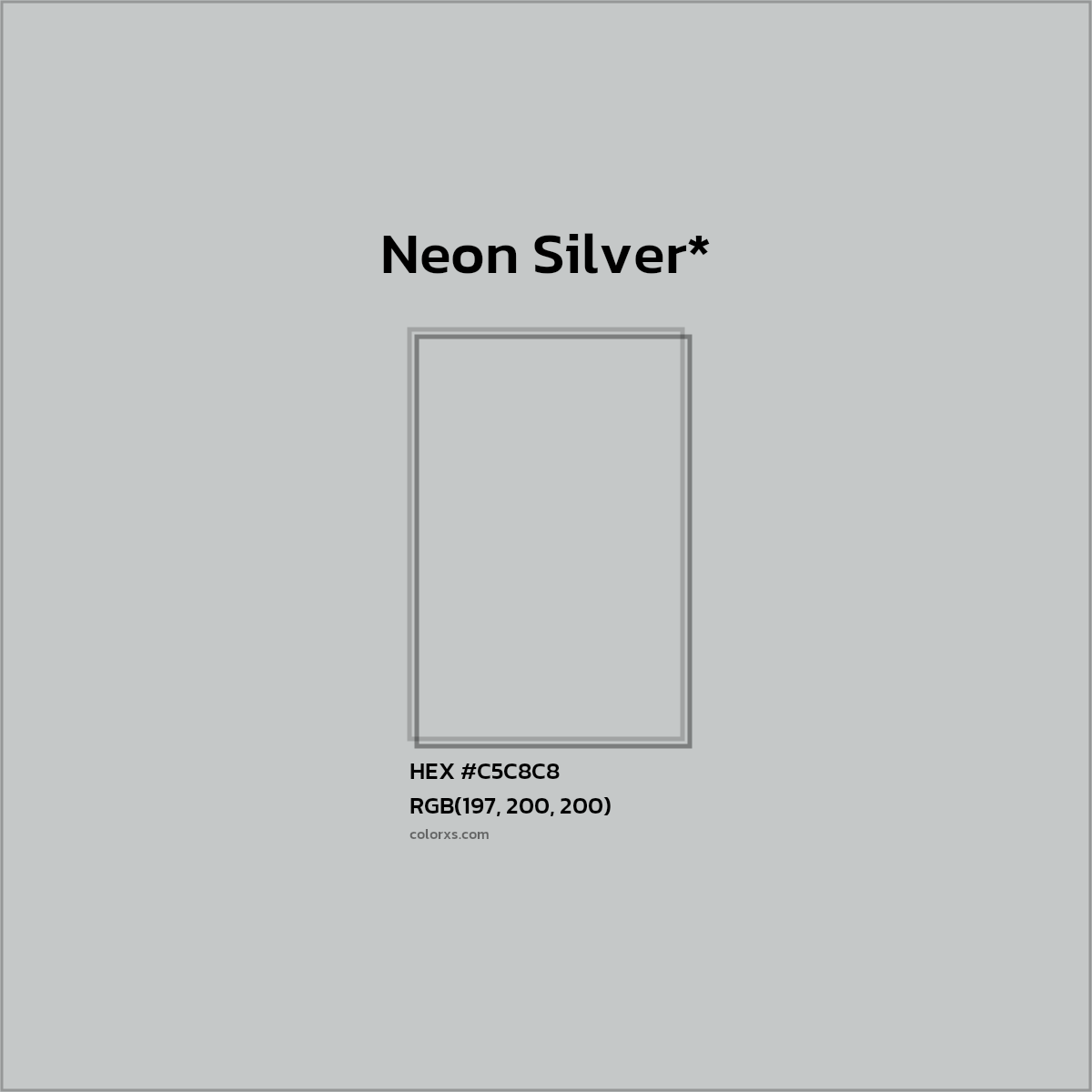 #C5C8C8 hex color. RGB, RYB, CMYK, HSL, HSV codes and color conversions. Matching color names, palettes, paints.