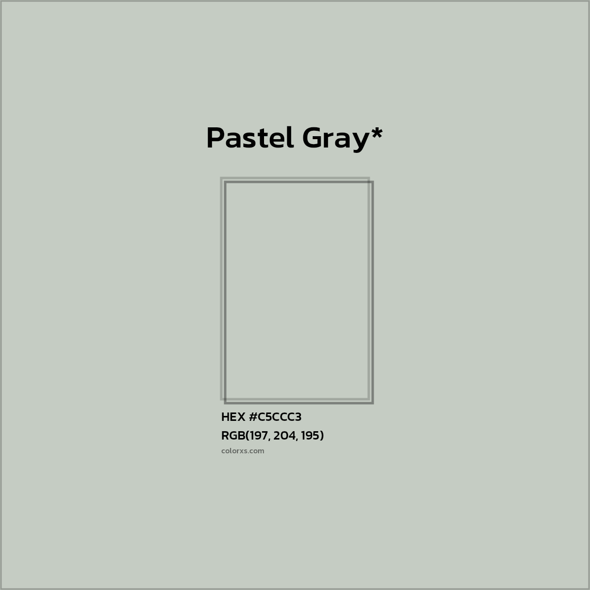 #C5CCC3 hex color. RGB, RYB, CMYK, HSL, HSV codes and color conversions. Matching color names, palettes, paints.