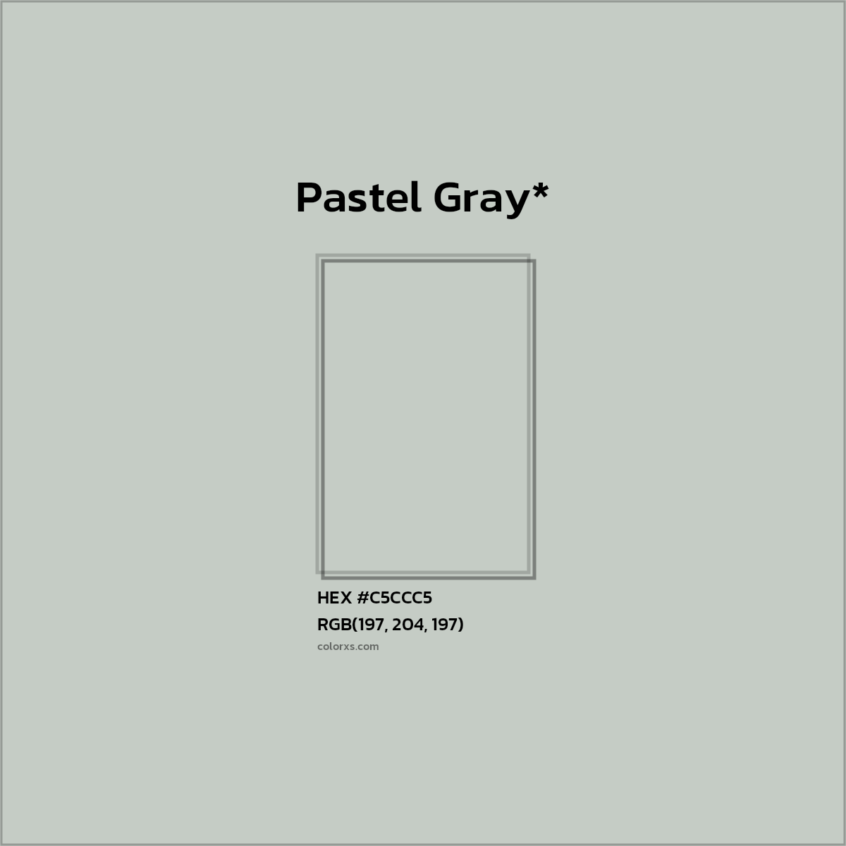 #C5CCC5 hex color. RGB, RYB, CMYK, HSL, HSV codes and color conversions. Matching color names, palettes, paints.