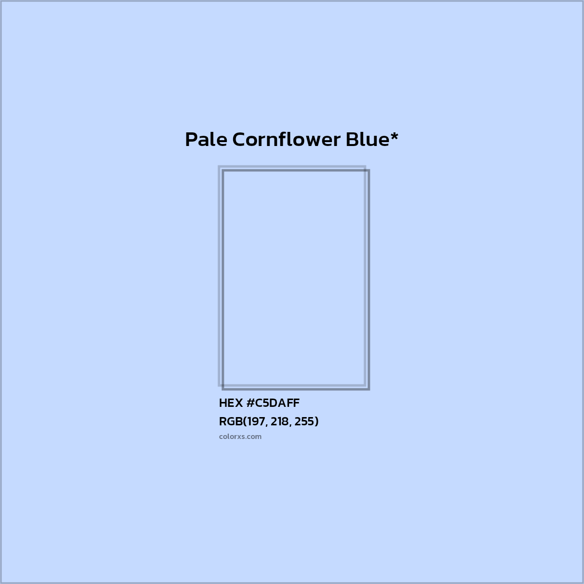 #C5DAFF hex color. RGB, RYB, CMYK, HSL, HSV codes and color conversions. Matching color names, palettes, paints.