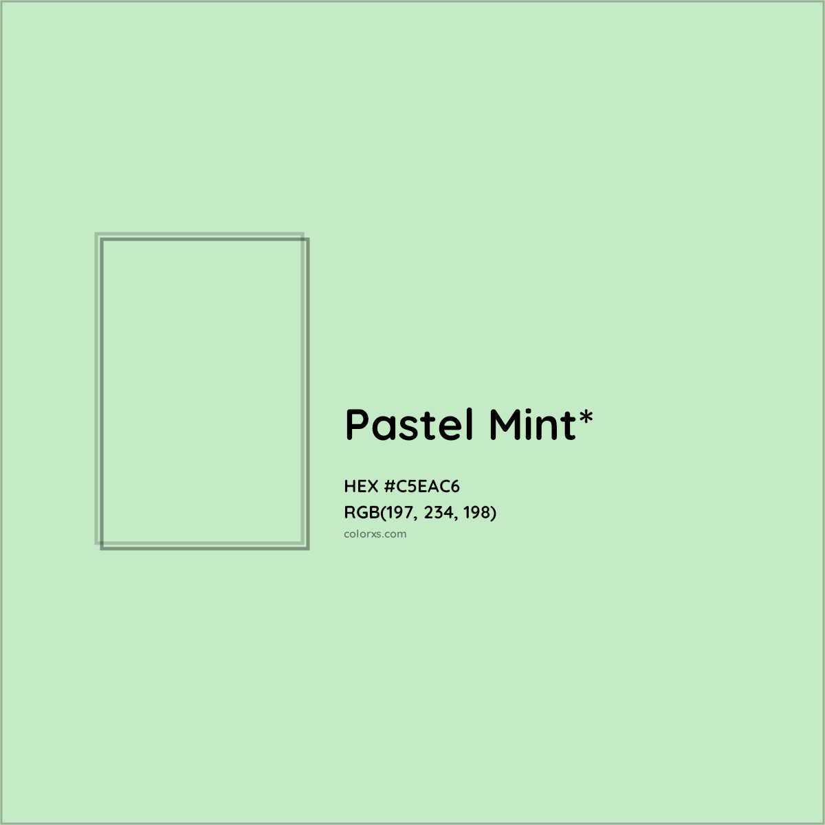 #C5EAC6 hex color. RGB, RYB, CMYK, HSL, HSV codes and color conversions. Matching color names, palettes, paints.