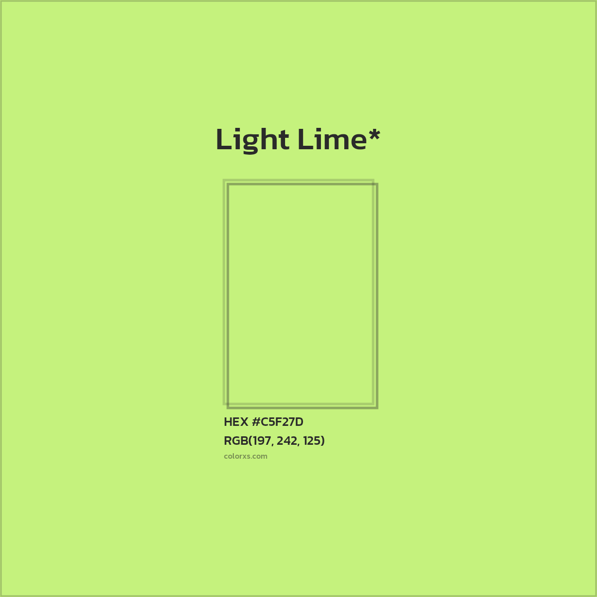 #C5F27D hex color. RGB, RYB, CMYK, HSL, HSV codes and color conversions. Matching color names, palettes, paints.