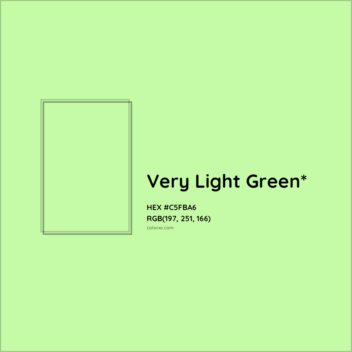 #C5FBA6 hex color. RGB, RYB, CMYK, HSL, HSV codes and color conversions. Matching color names, palettes, paints.