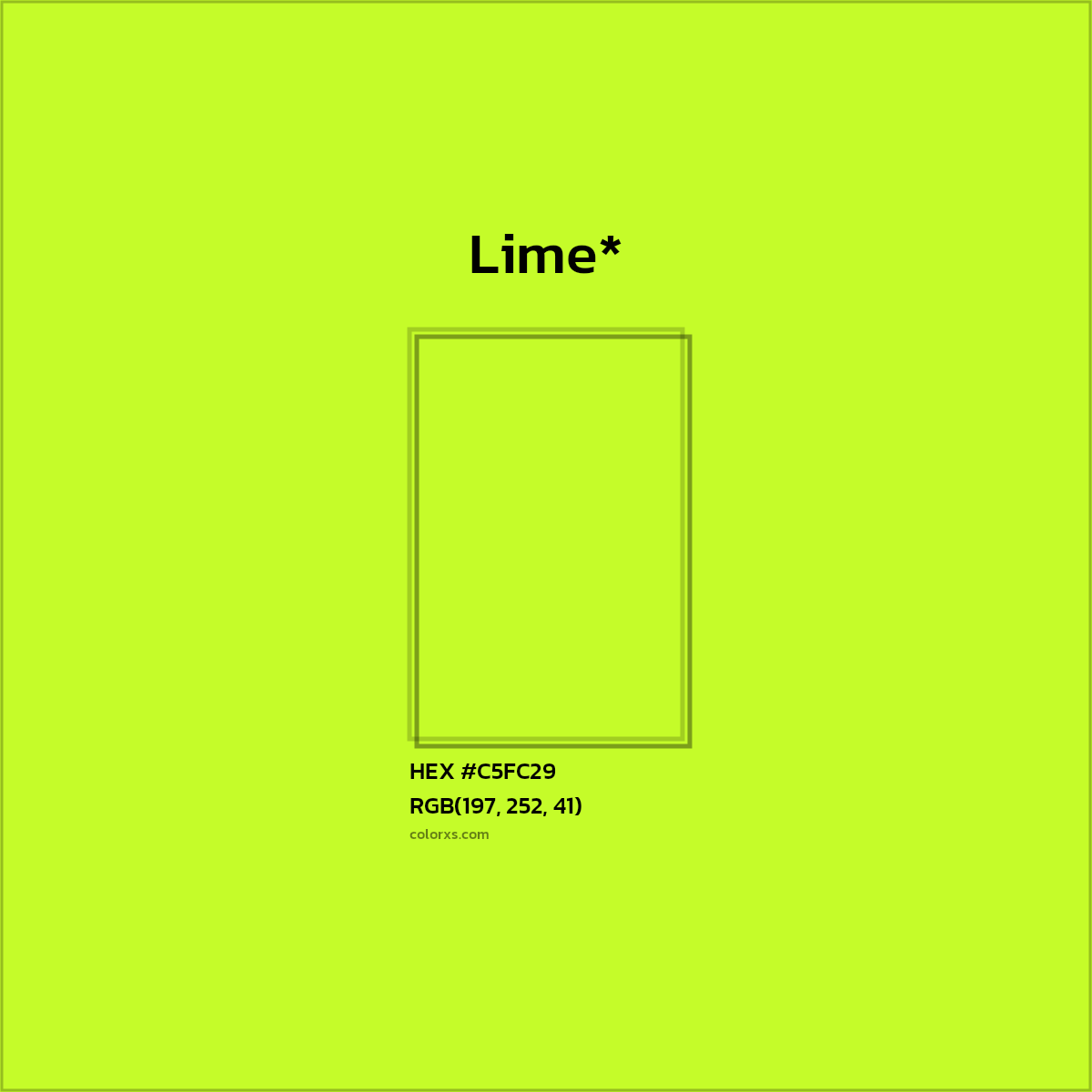 #C5FC29 hex color. RGB, RYB, CMYK, HSL, HSV codes and color conversions. Matching color names, palettes, paints.