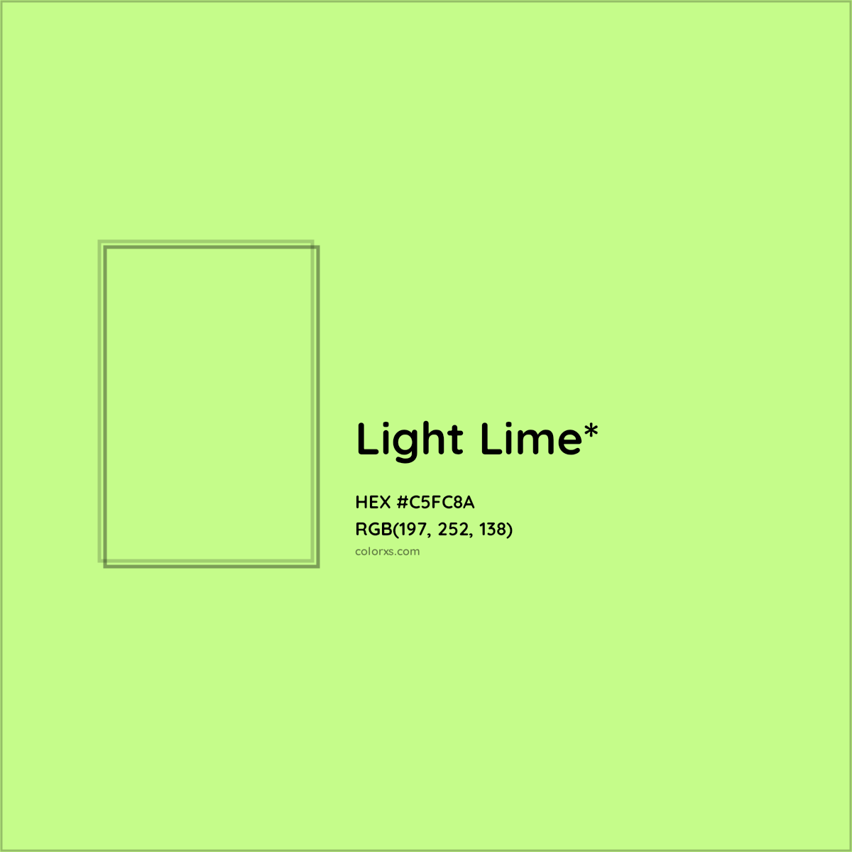#C5FC8A hex color. RGB, RYB, CMYK, HSL, HSV codes and color conversions. Matching color names, palettes, paints.