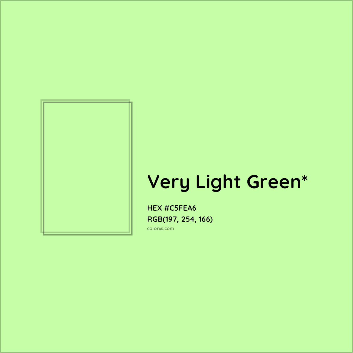 #C5FEA6 hex color. RGB, RYB, CMYK, HSL, HSV codes and color conversions. Matching color names, palettes, paints.