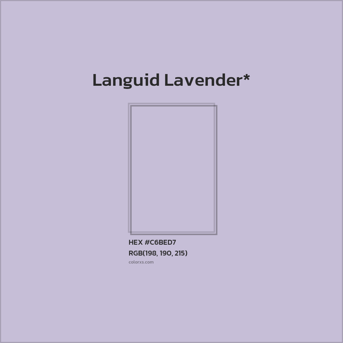 #C6BED7 hex color. RGB, RYB, CMYK, HSL, HSV codes and color conversions. Matching color names, palettes, paints.
